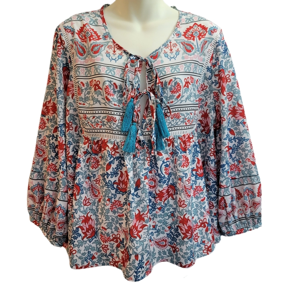 Floryday Floral Long Sleeve Vneck Double Tassle Tie Neck Blouse Size XL - Picture 2 of 5